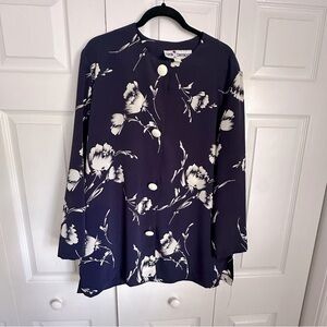 Vtg Caron Components Jacket Womens 16 Navy White Floral Print Long Sleeve Office